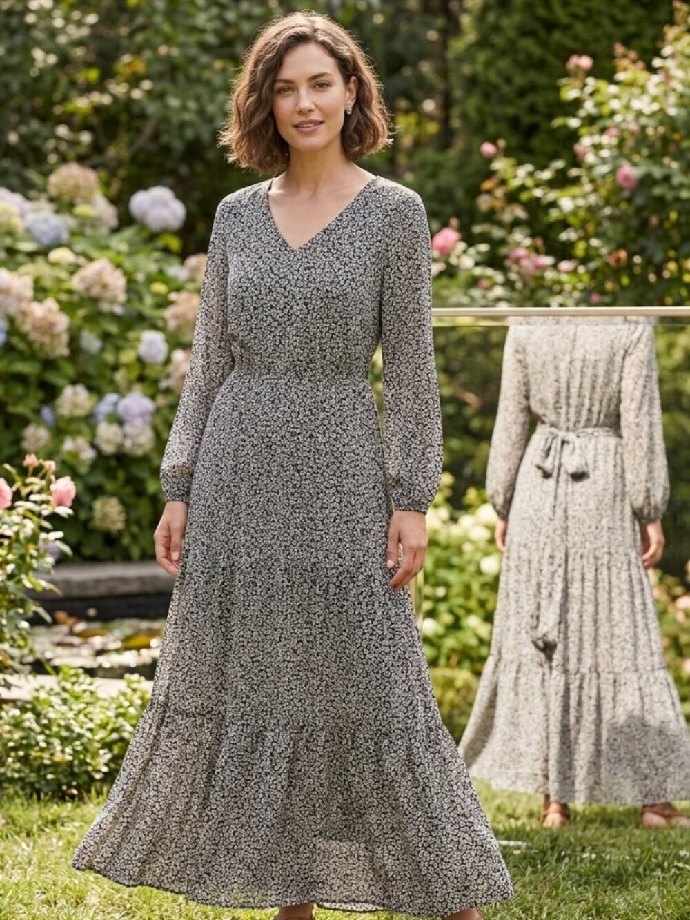 MSK Floral Long Sleeve Maxi Dress L Lined Boho Cottagecore Garden Party